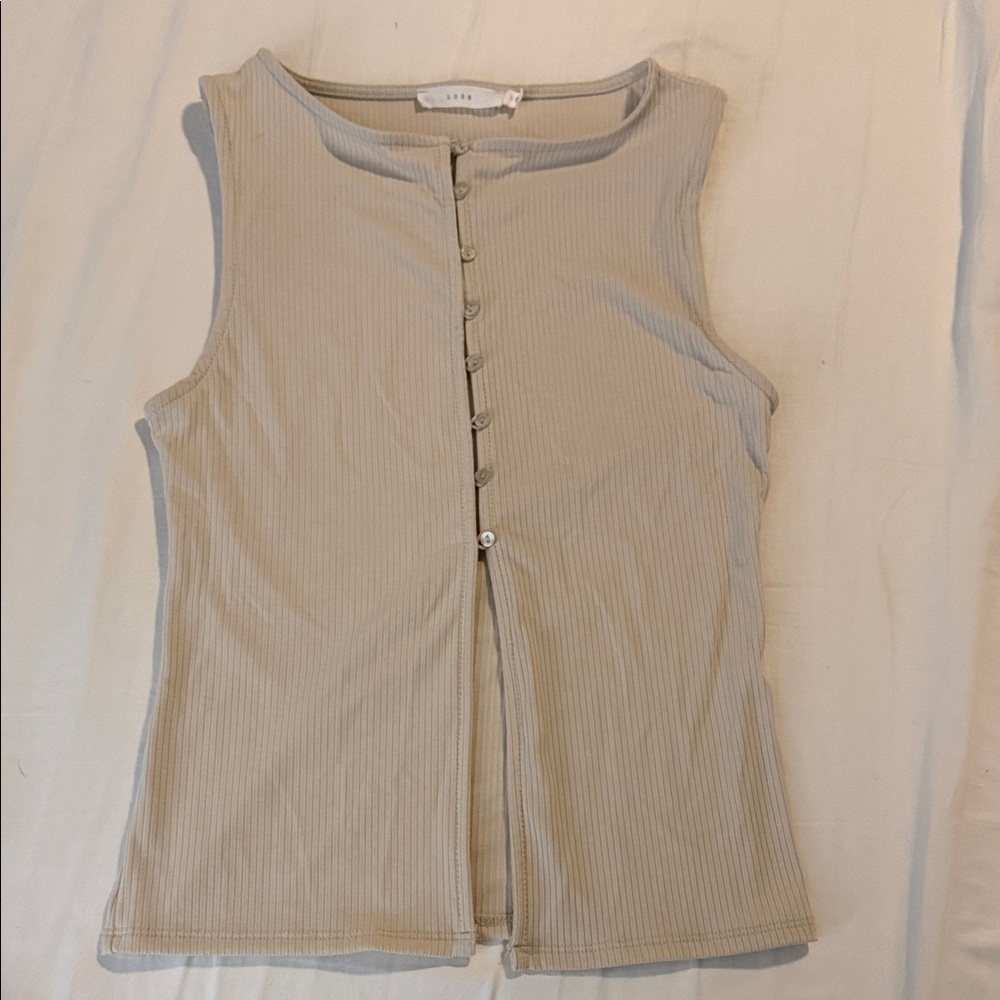 Lush Ribbed Button-Front Tank Top in Beige